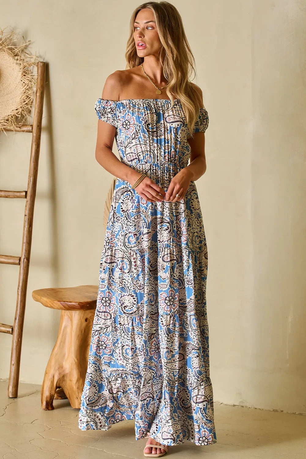 light blue printed off shoulder short sleeve maxi dress back view