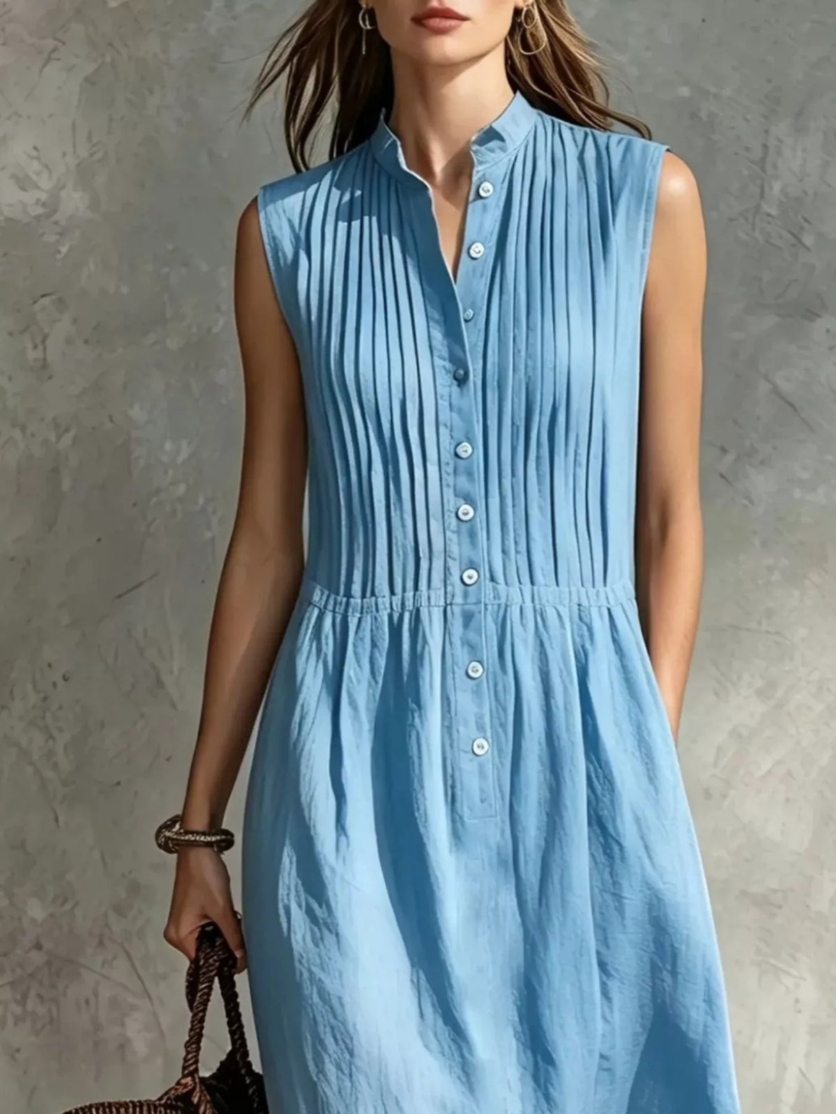 Sleeveless Button Front Midi Dress with Pockets, view 10