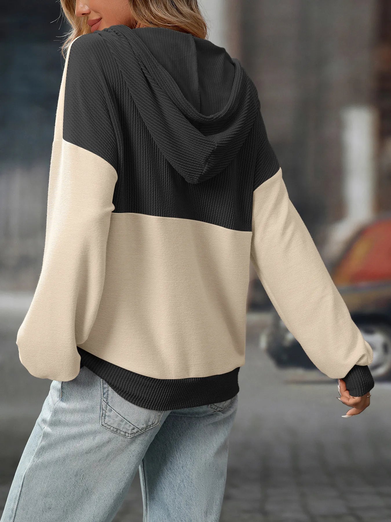 Drawstring Button Detail Long Sleeve Hoodie - Fashorio