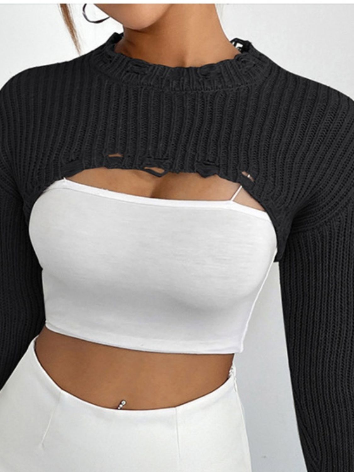 Distressed Long Sleeve Cropped Sweater - Fashorio