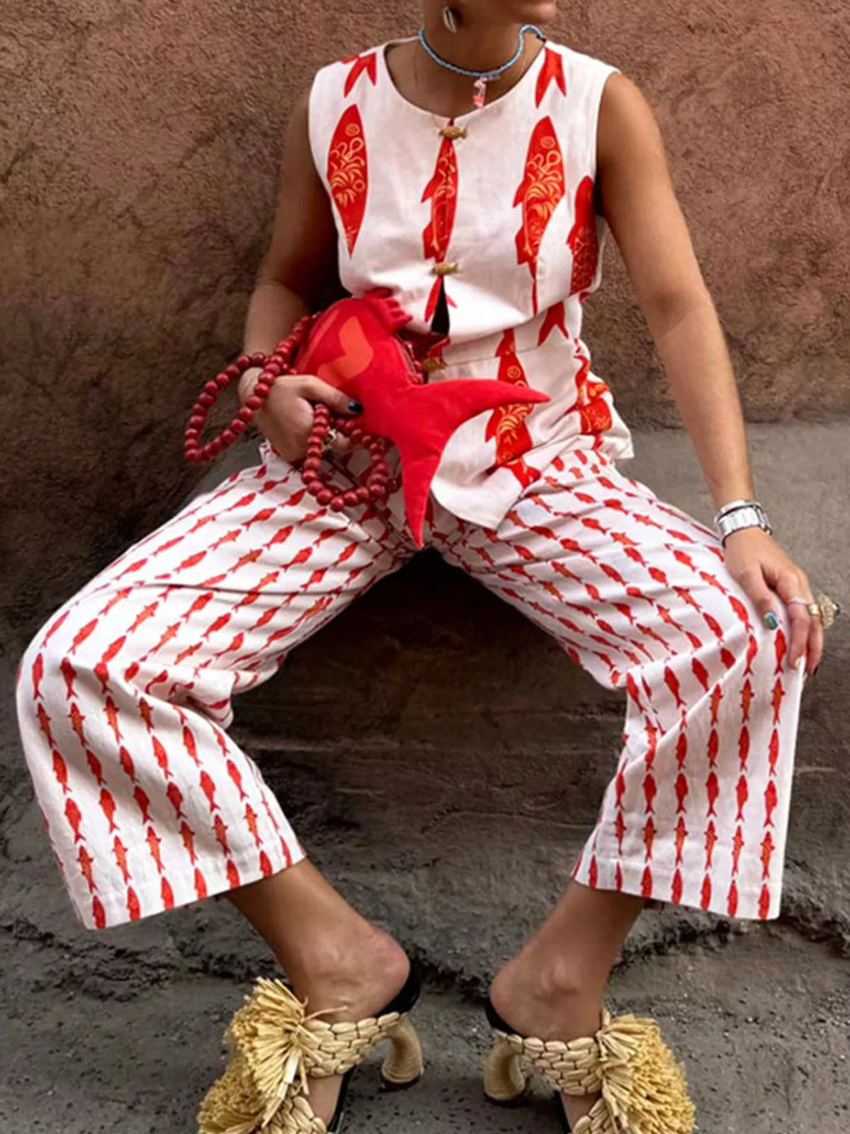 Fish Print Sleeveless Top and Pants Set, view 13
