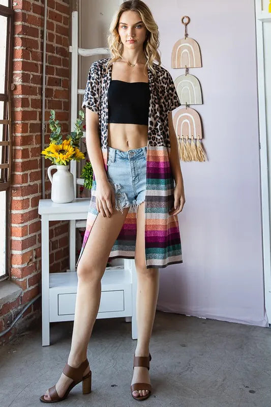 Heimish Full Size Animal Leopard and Stripe Open Cardigan Plus Size - Fashorio