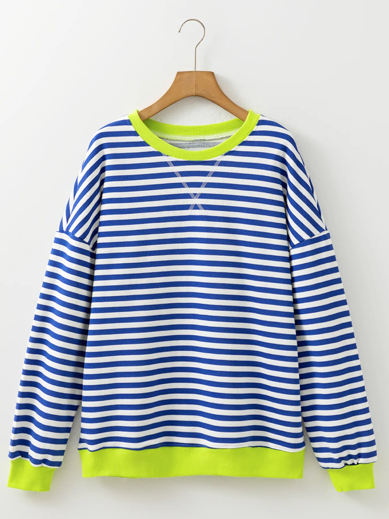 Striped Contrast Ribbed Trim Drop Shoulder Sweatshirt - Fashorio