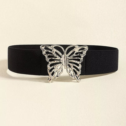Butterfly Alloy Buckle Elastic Belt Black One Size - Fashorio
