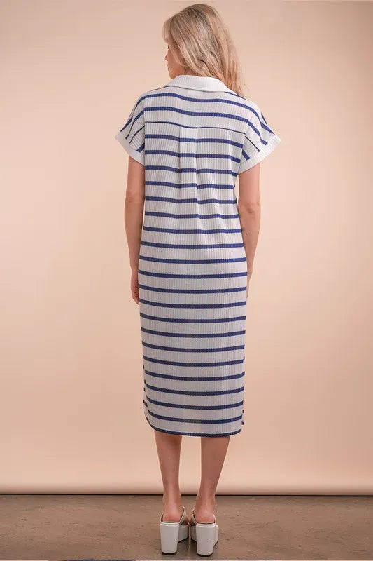 VERY J Oversized Collared Striped Knit Midi Dress - Fashorio