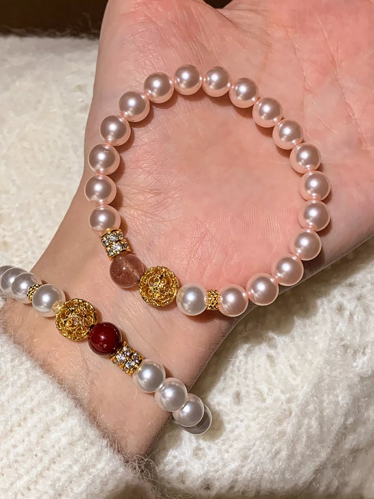 Pearl bracelet detail showing crystal beads