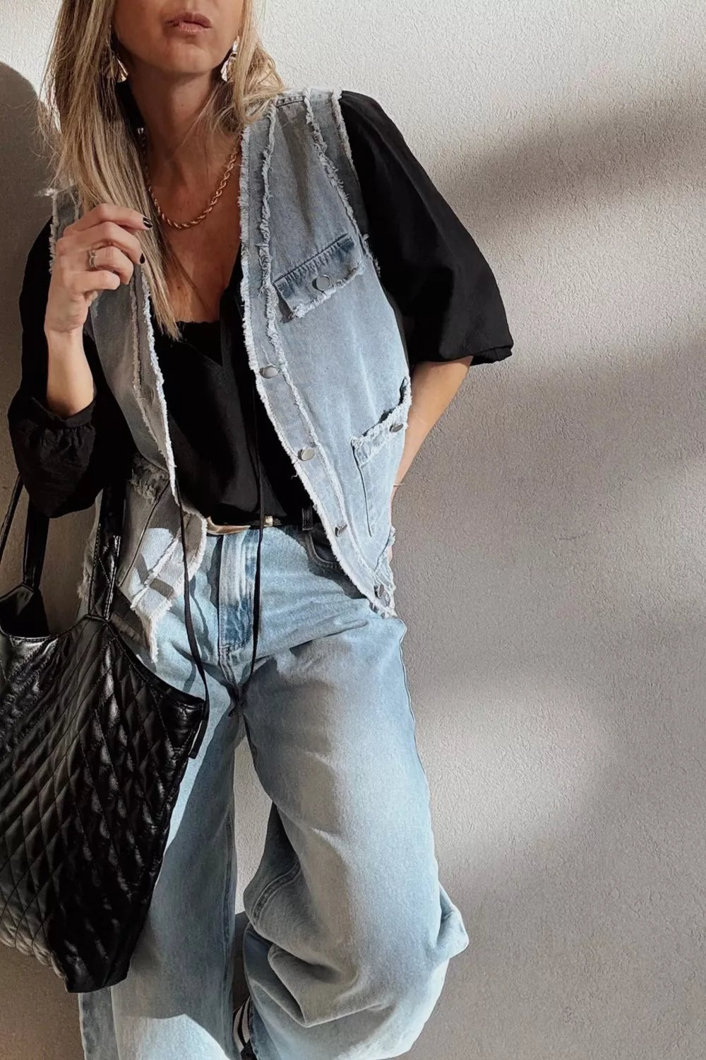 Frayed Flap Pocket Denim Vest in Light Blue styled look