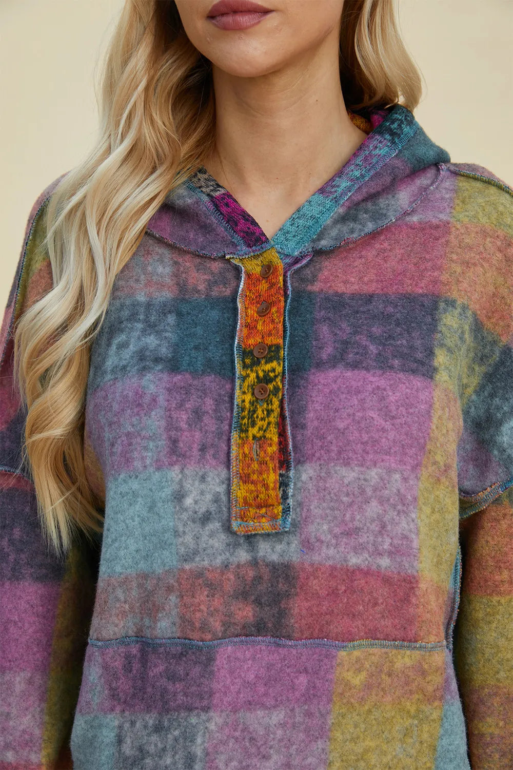 Plaid fleece hoodie front view