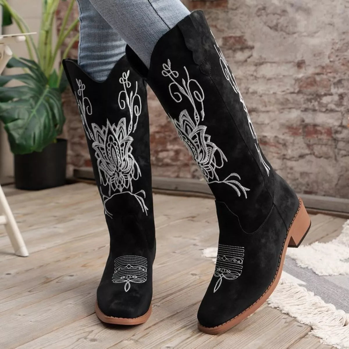 Embroidered western block heel boots front view