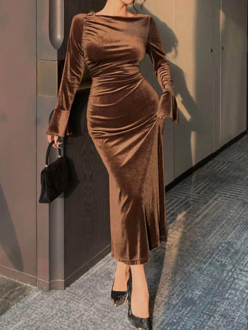 Brown velvet ruched bodycon midi dress front view