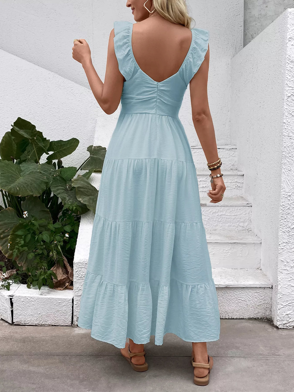 V neck tiered flutter sleeve maxi dress full length view