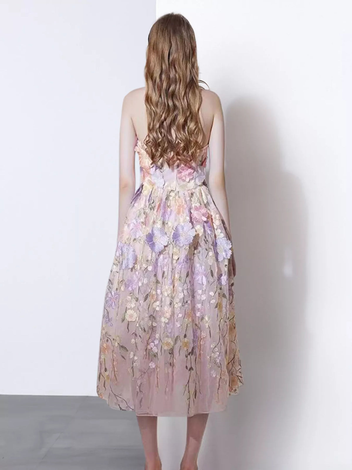 Strapless floral dress skirt and hem view