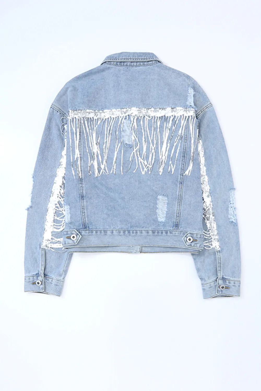 Sequin Fringe Distressed Denim Jacket in Medium Wash on model