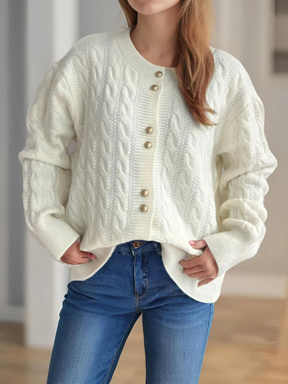 Cable-Knit Round Neck Long Sleeve Cardigan - Fashorio