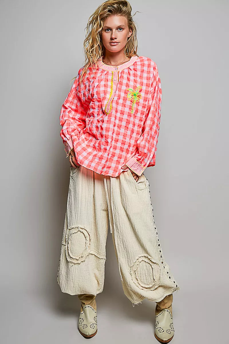 Back view of the POL gingham check blouse