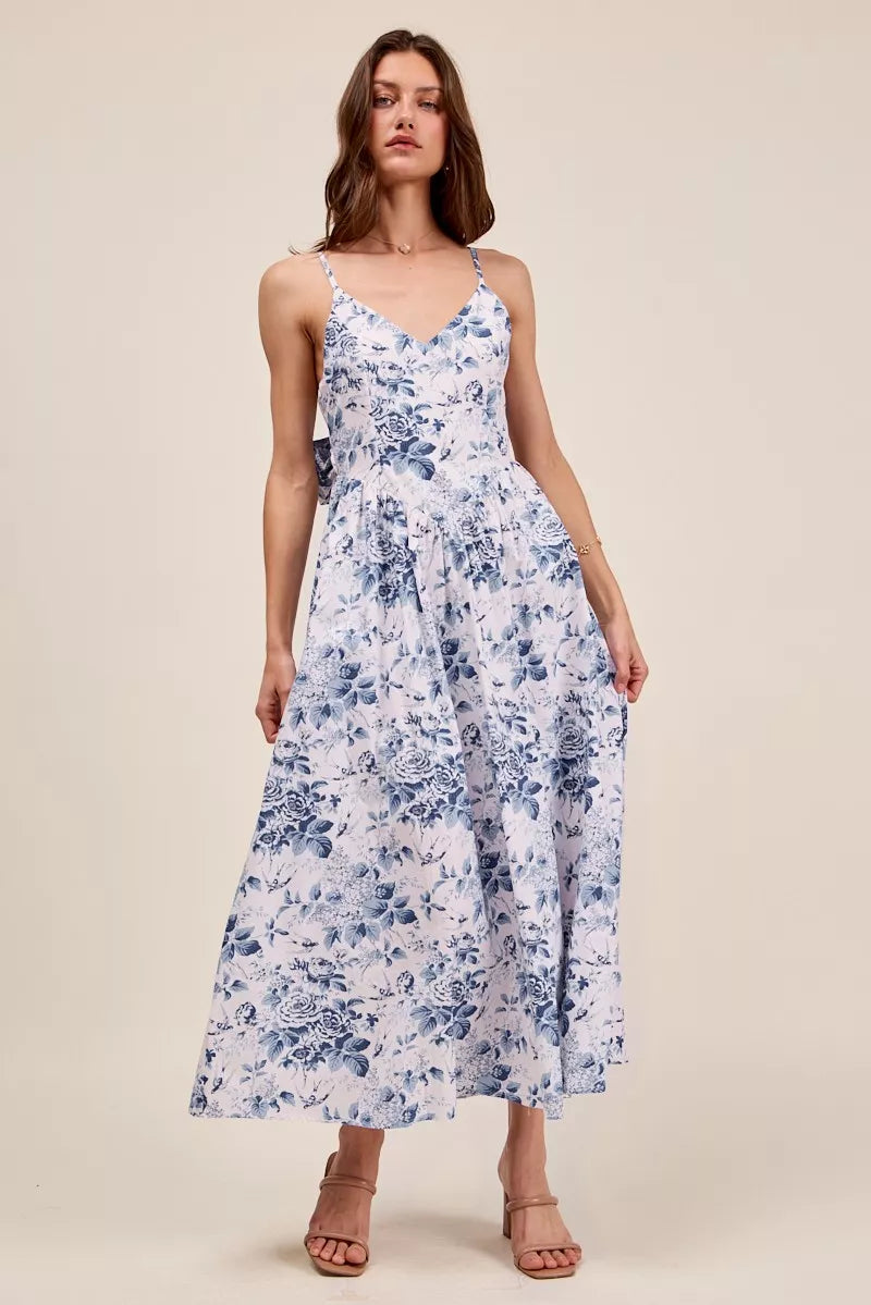 floral woven V neck dress front view
