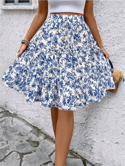 Floral Print Midi Skirt Sky Blue - Fashorio