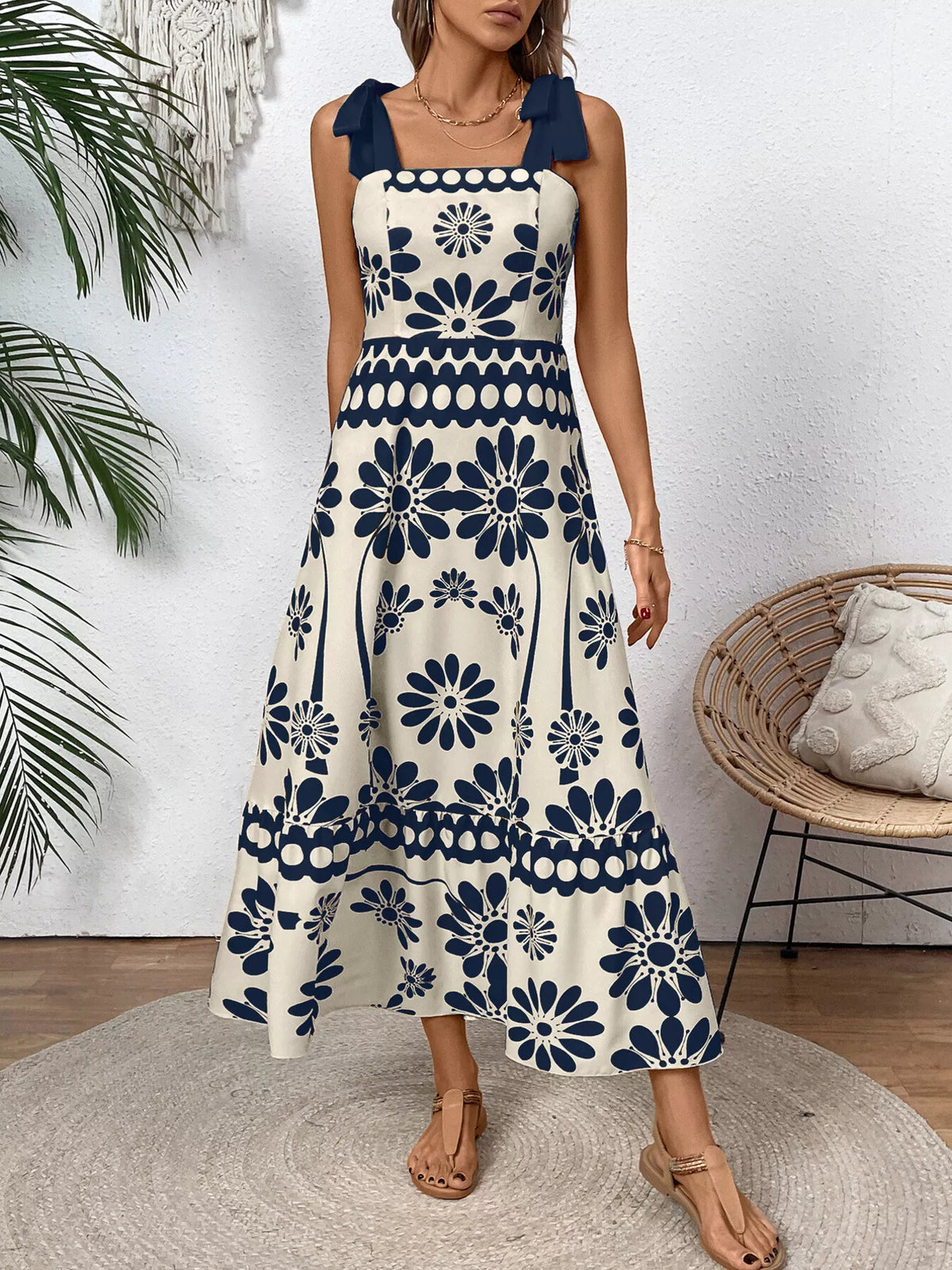 Red floral print tie shoulder midi dress front view