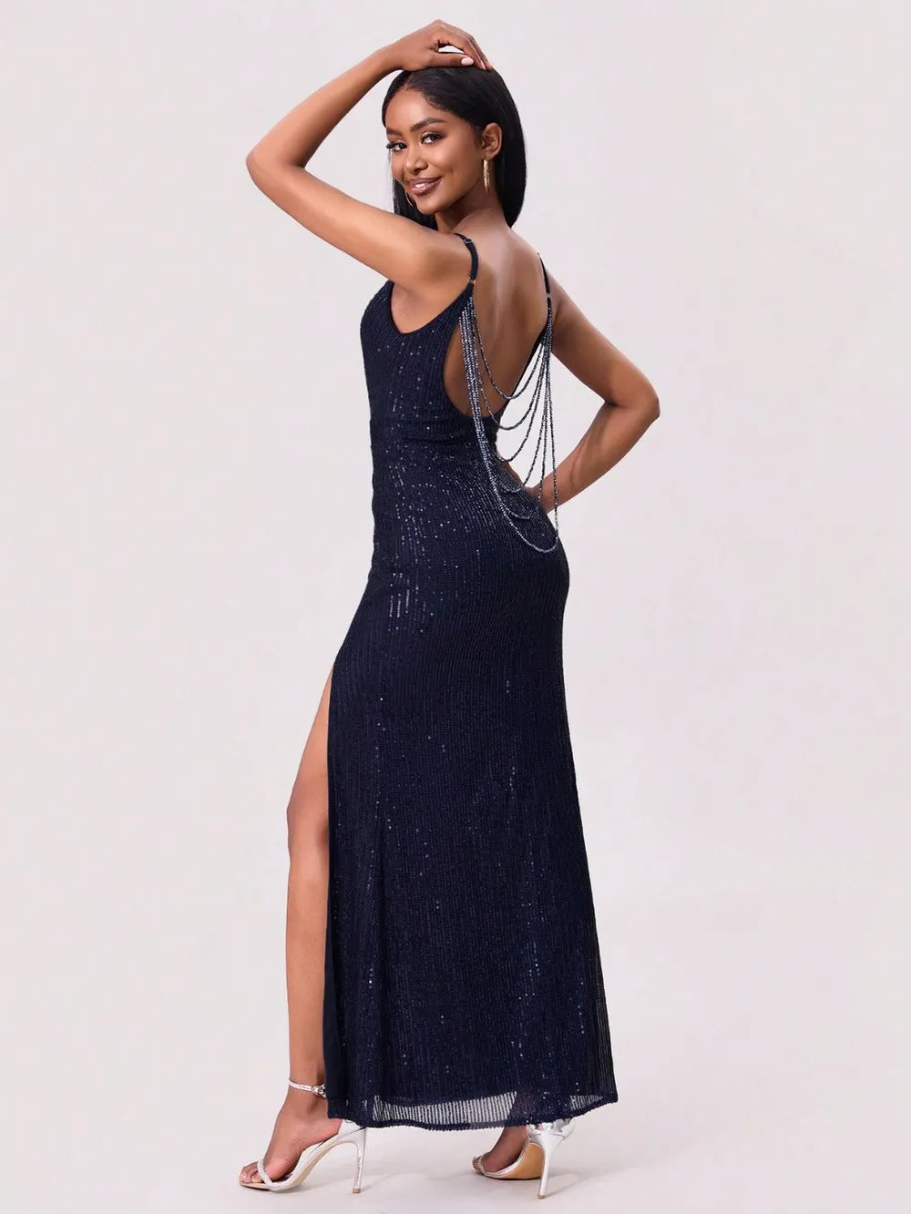 Sequin slip dress front pose