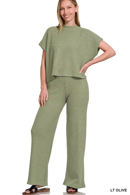 Zenana Sweater Boxy Top & Long Pants Set LT OLIVE - Fashorio