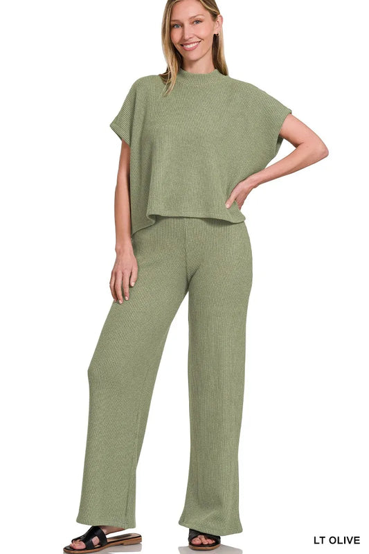Zenana Sweater Boxy Top & Long Pants Set LT OLIVE - Fashorio