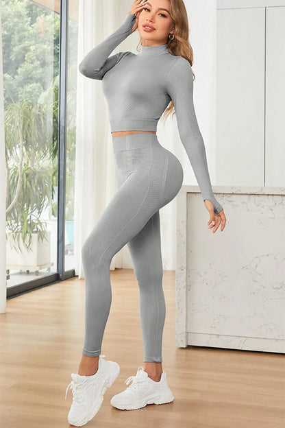 Mock Neck Long Sleeve Top and Leggings Active Set - Fashorio