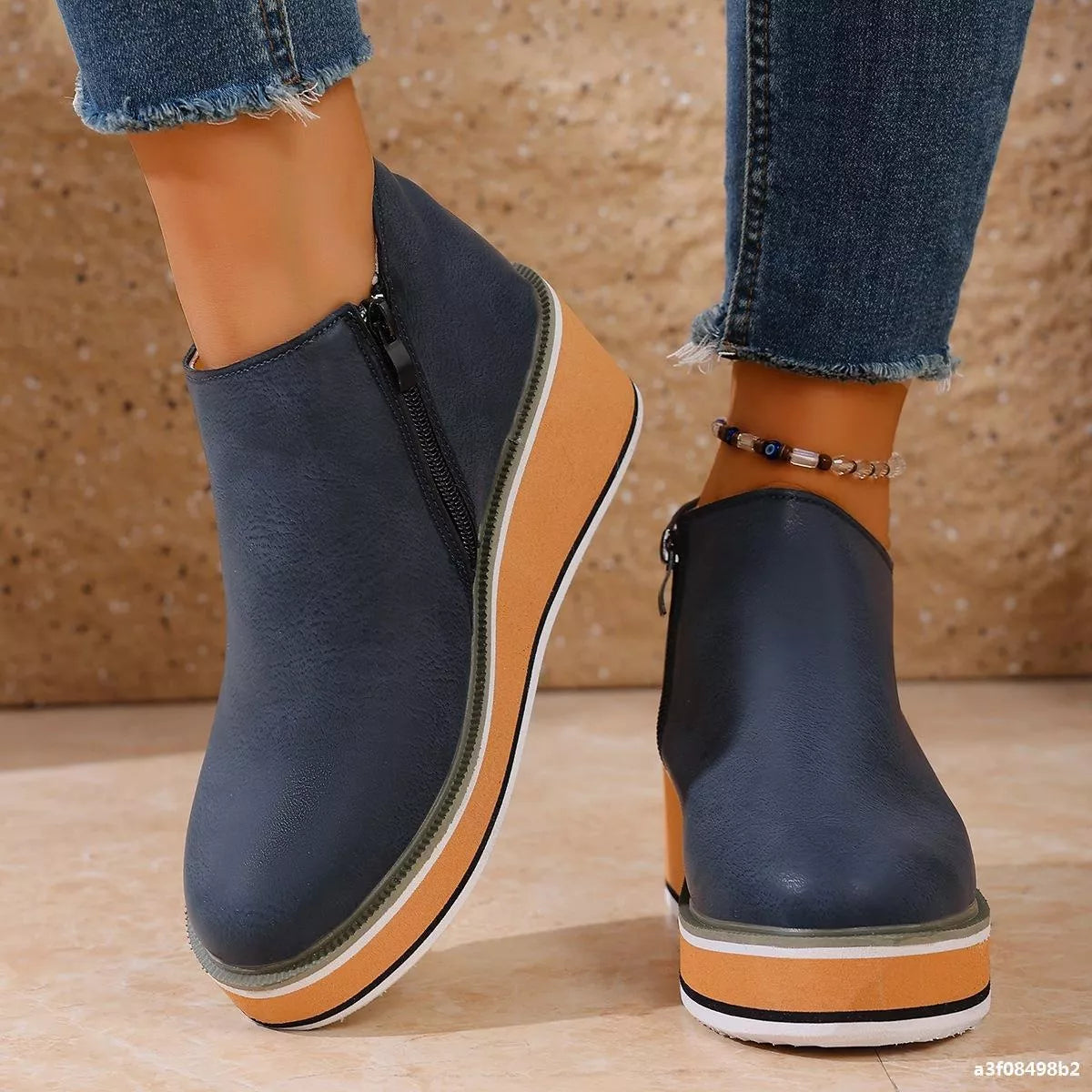 wedge ankle boots with zipper close up of toe