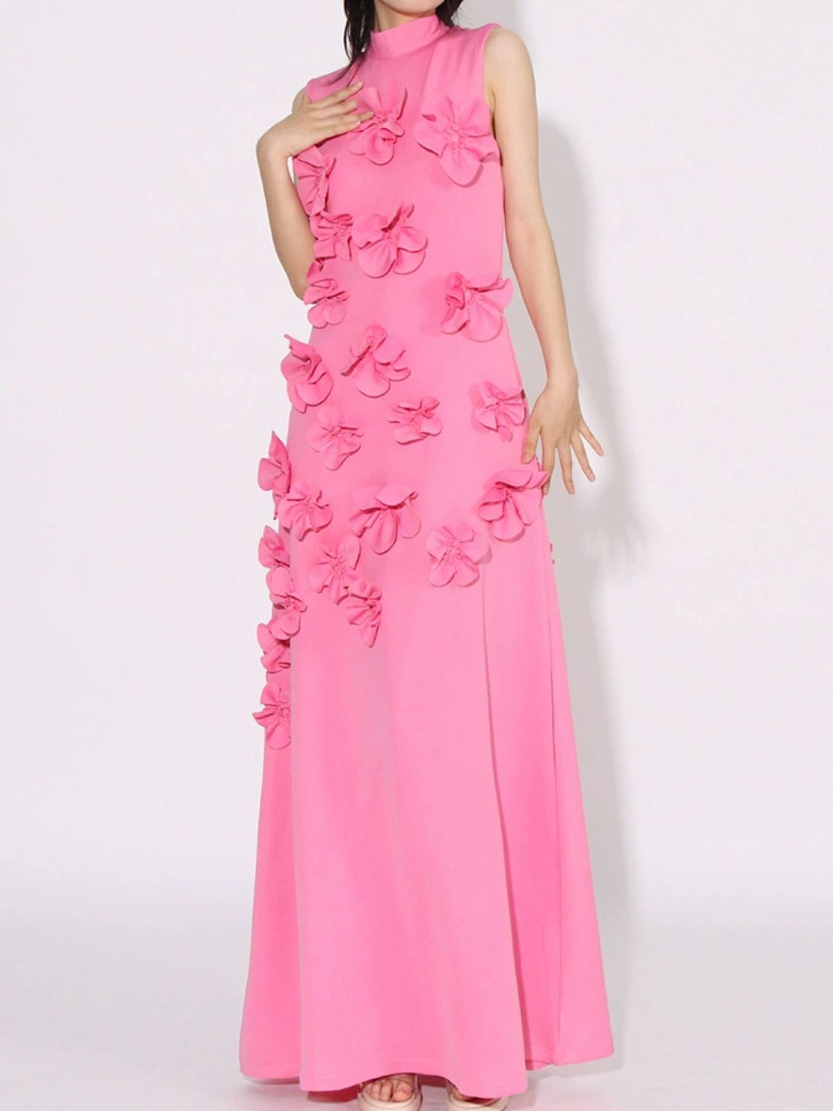 Sleeveless floral applique maxi dress in pink, side profile
