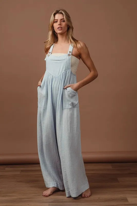 Vintage Washed Crinkle Gauze Wide Leg Overalls side view