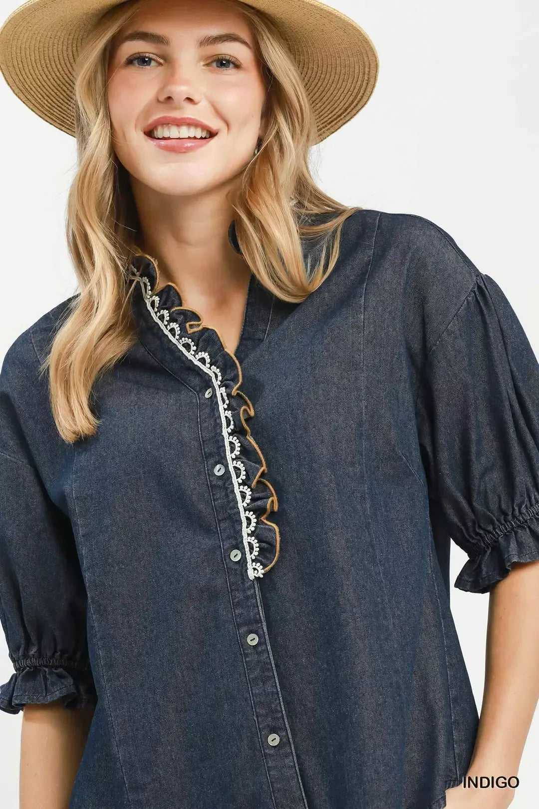 Indigo chambray scalloped trim button front blouse front view
