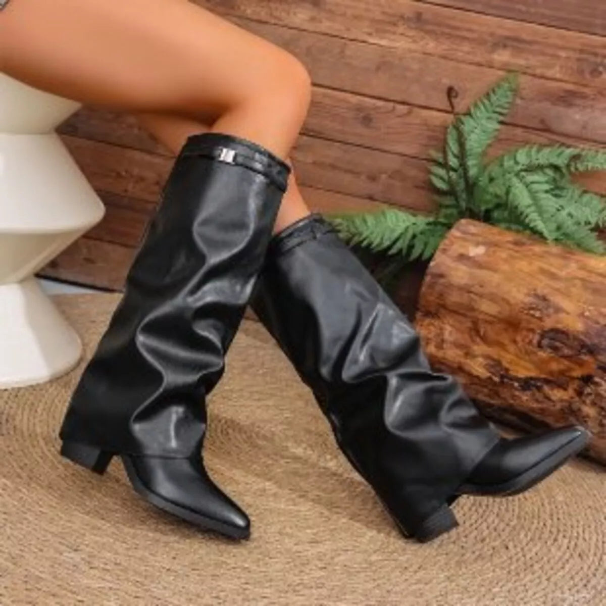 Sleek Pointed Toe Block Heel Boots back view