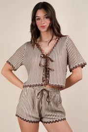 VERY J Wave Trim Detail Knit Top & Shorts Set Taupe - Fashorio