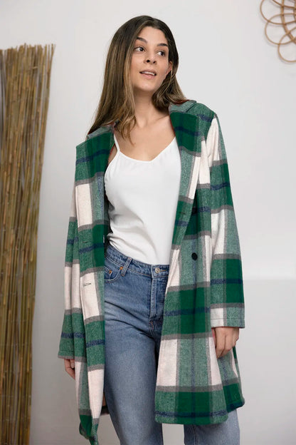 Double Take Full Size Plaid Button Up Lapel Collar Coat Green - Fashorio