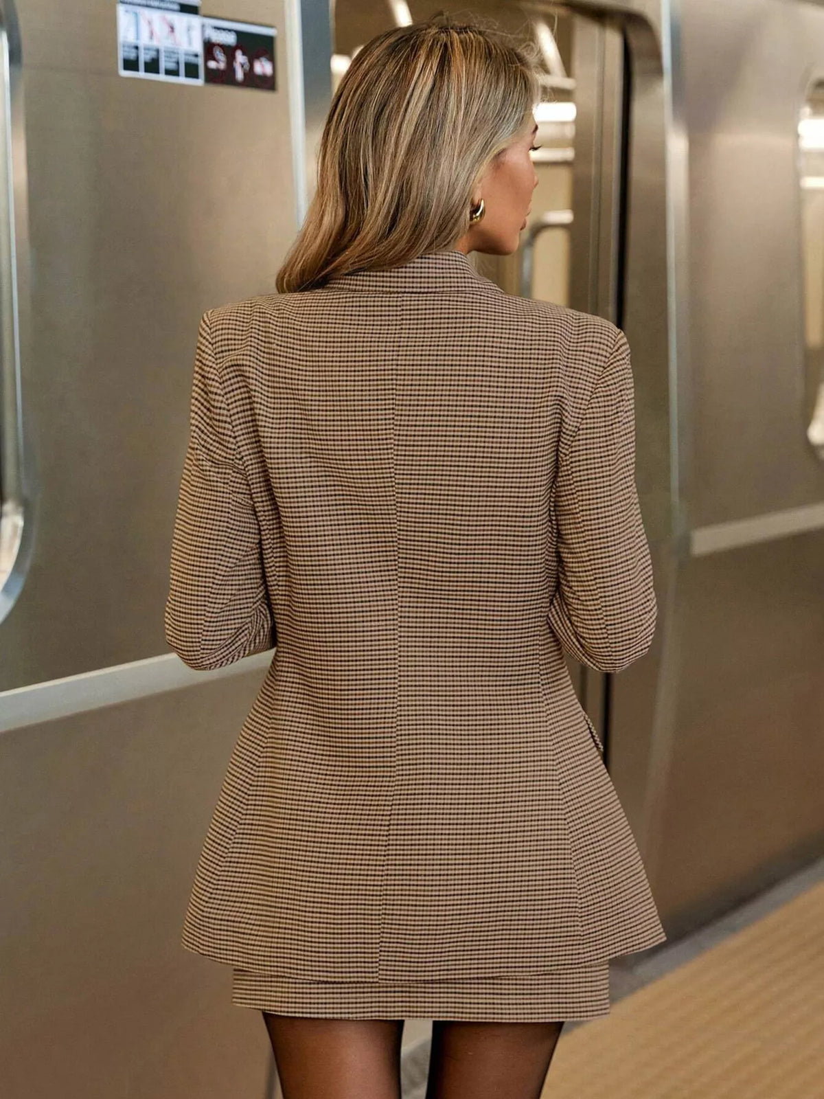 Single Breasted Plaid Blazer and Skirt Set back view