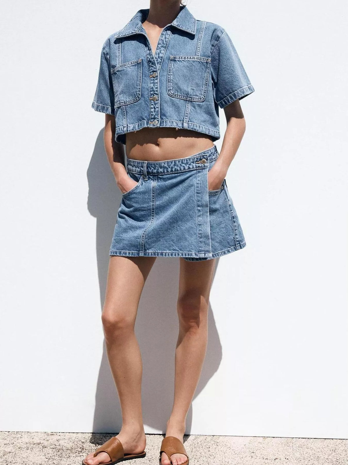 Denim skort set button placket detail