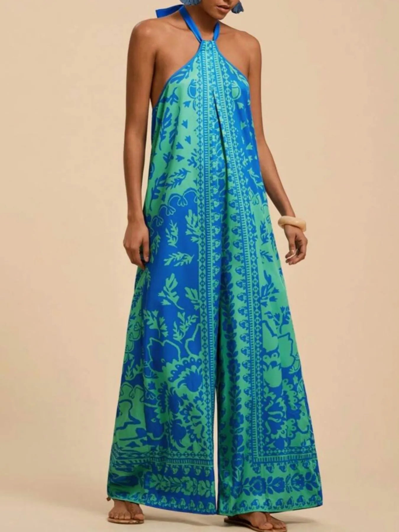 Printed Halter Wide-Leg Jumpsuit Sky Blue - Fashorio