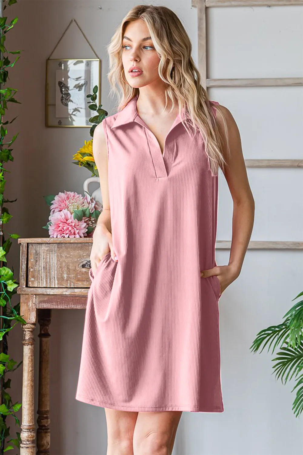 Ribbed Johnny Collar Sleeveless Dress in Dusty Pink back view