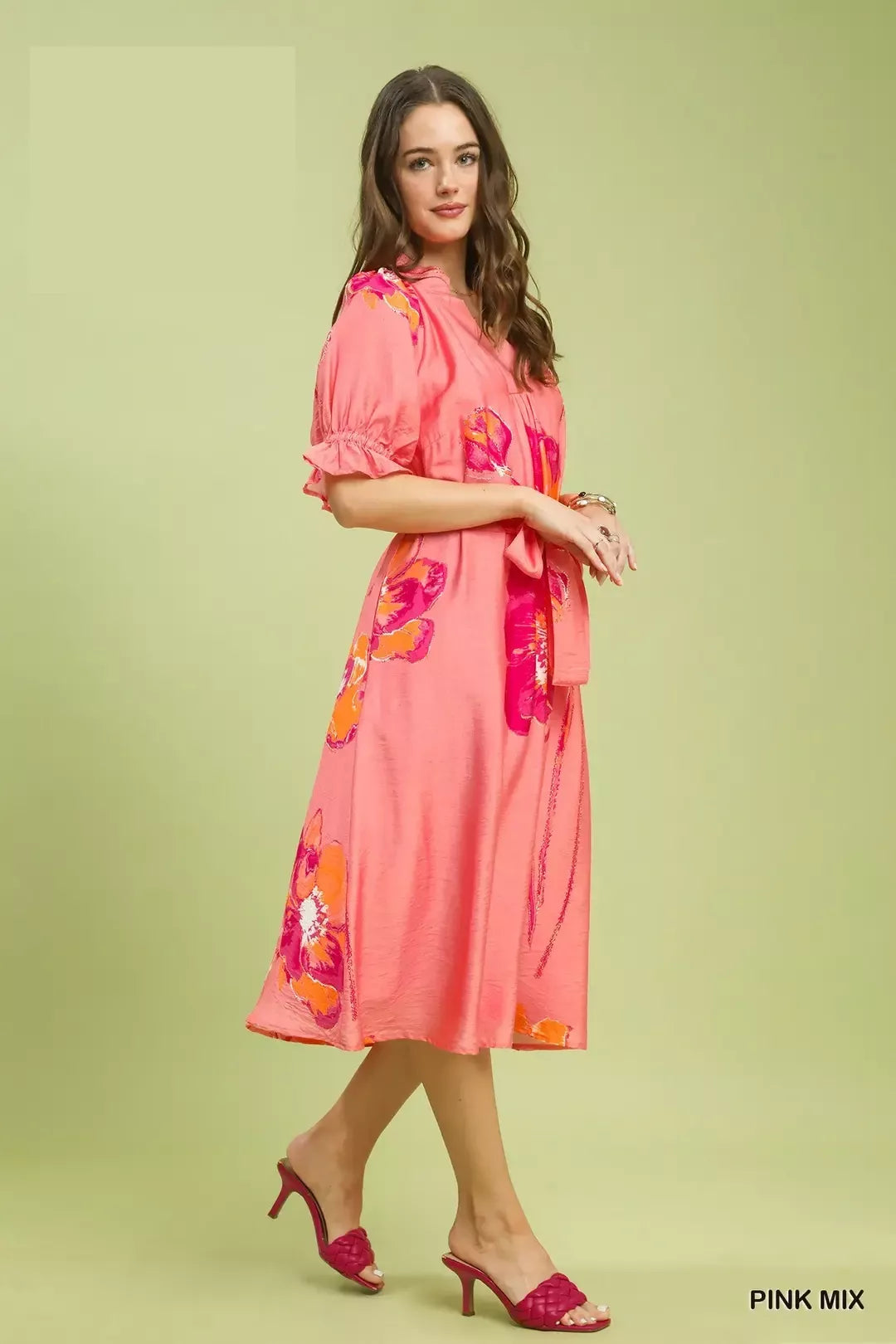 Floral Flounce Sleeve Midi Dress with Belted side view