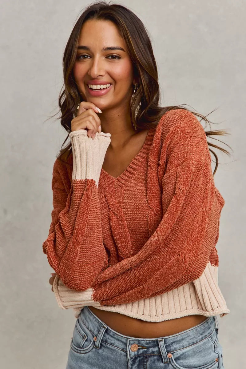 Chenille Cable Knit Cropped V Neck Sweater in Rust close up