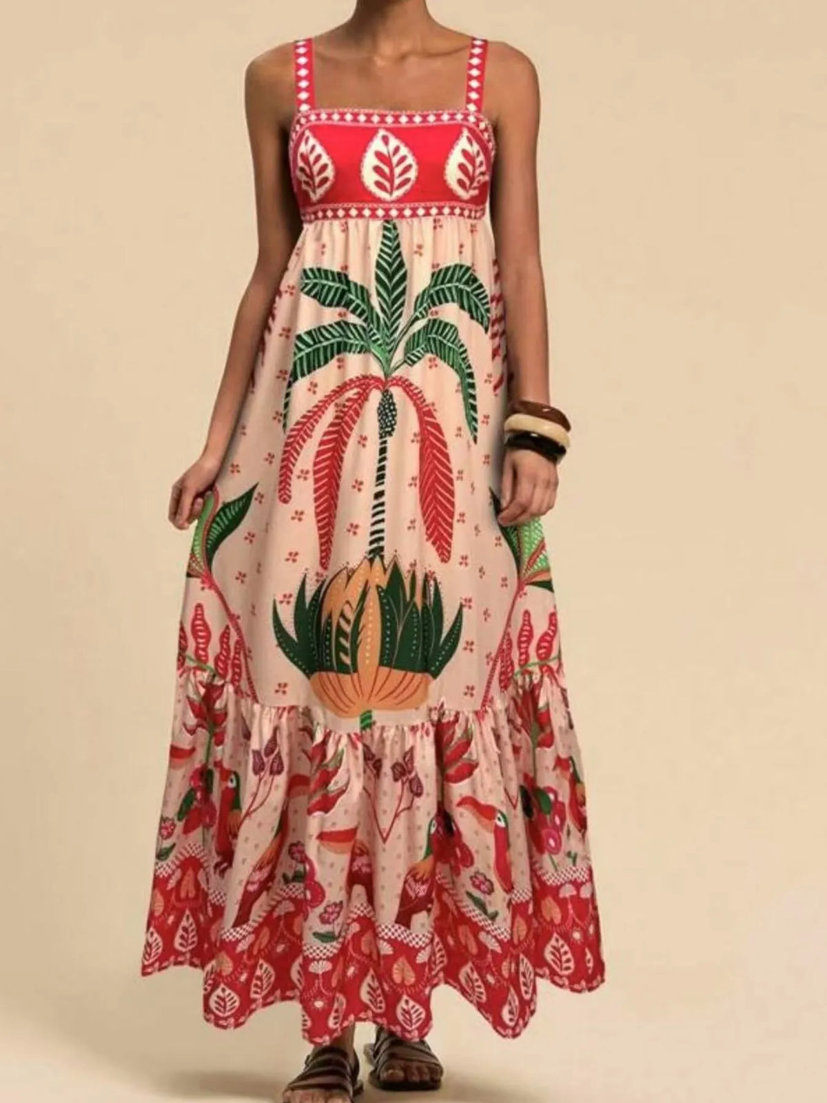 Tropical print maxi cami dress, neckline and bodice detail