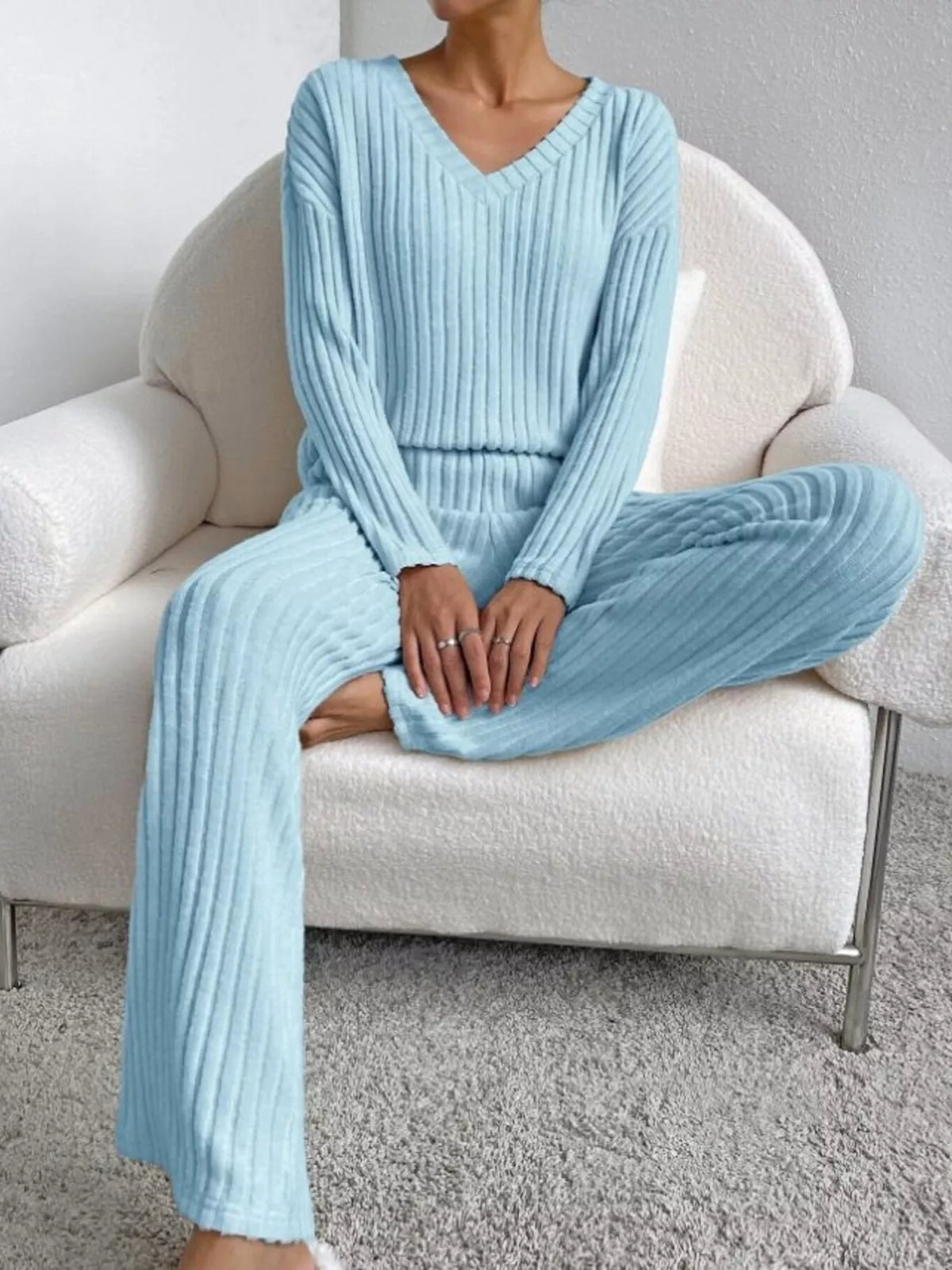 Ribbed Knit V Neck Top and Pants Set, view 18