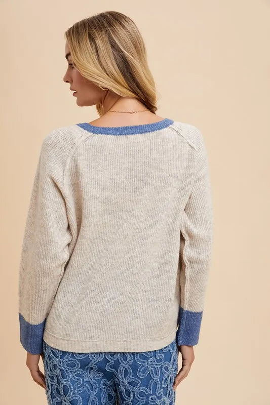 Annie Wear Contrast Trim Button Down Raglan Sleeve Cardigan - Fashorio