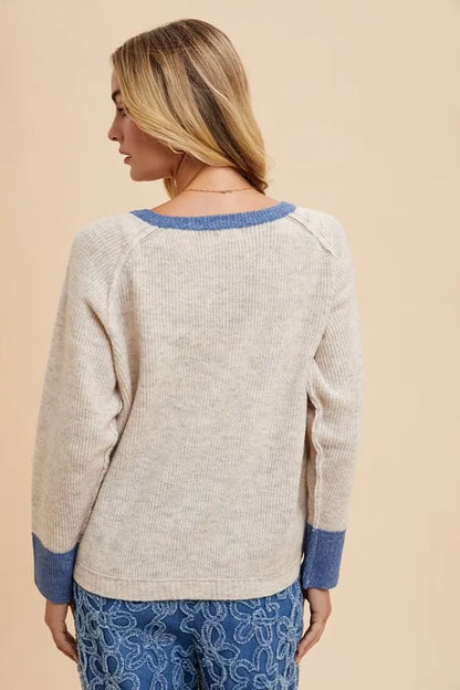 Annie Wear Contrast Trim Button Down Raglan Sleeve Cardigan - Fashorio