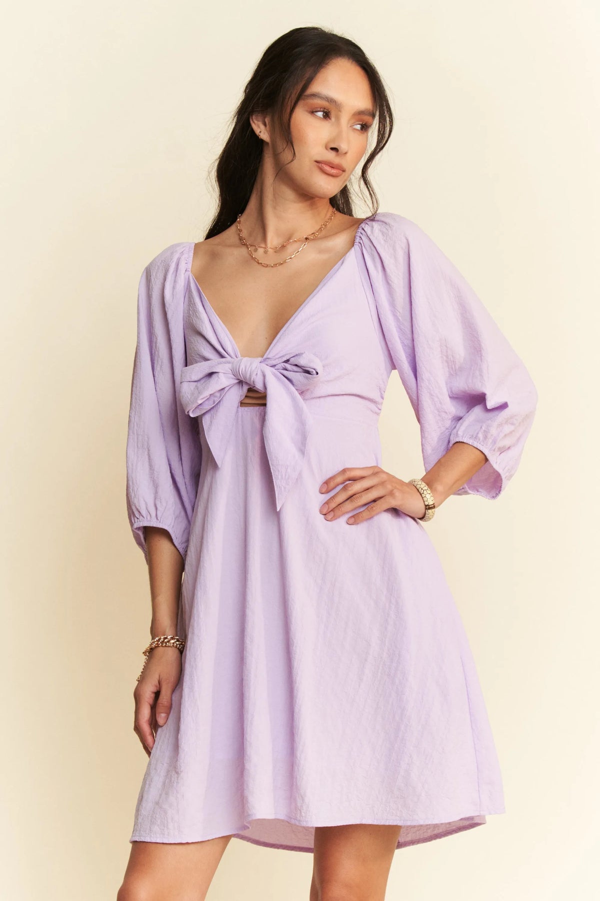 Self Tie Puff Sleeve Smocking Open Back Mini Dress side view