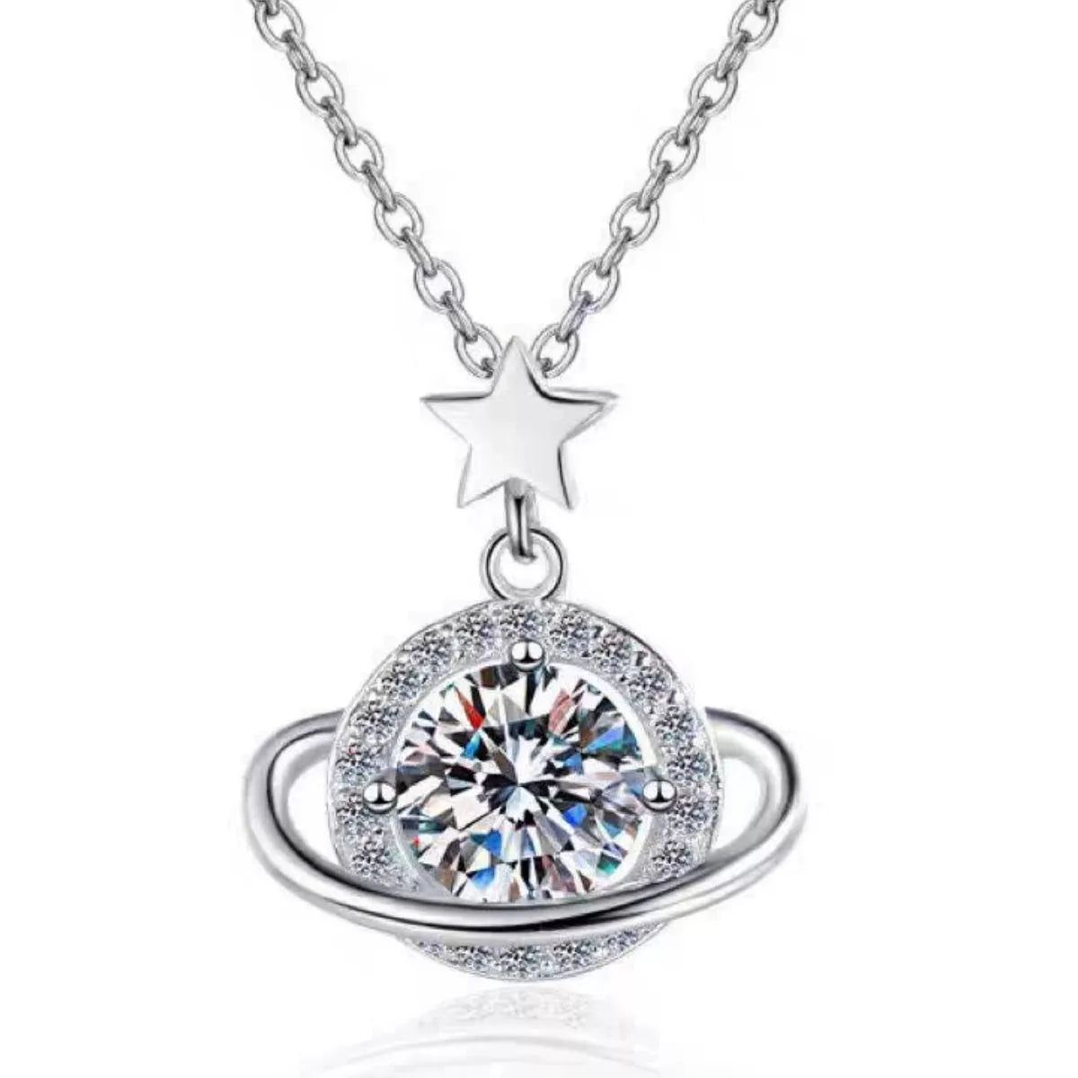 Silver chain and clasp detail on the planet necklace