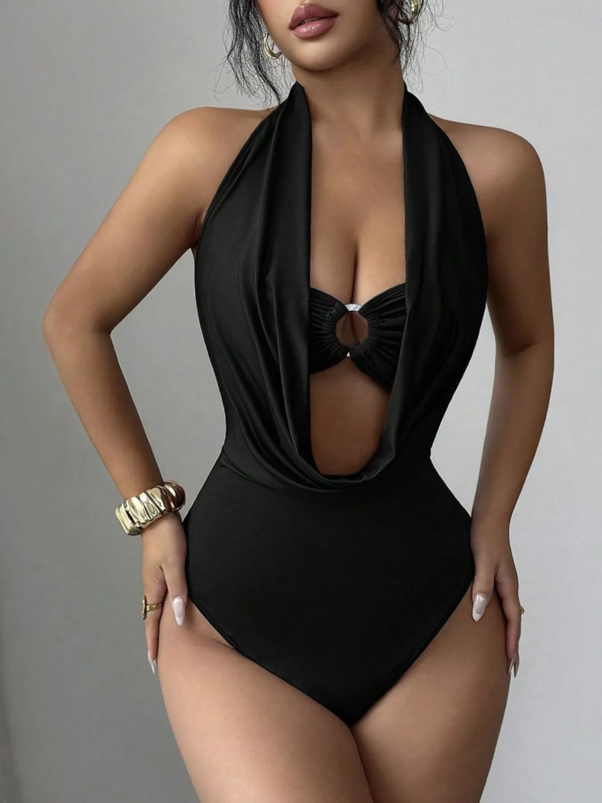 Halter neck ruched ring detail bodysuit color option back view