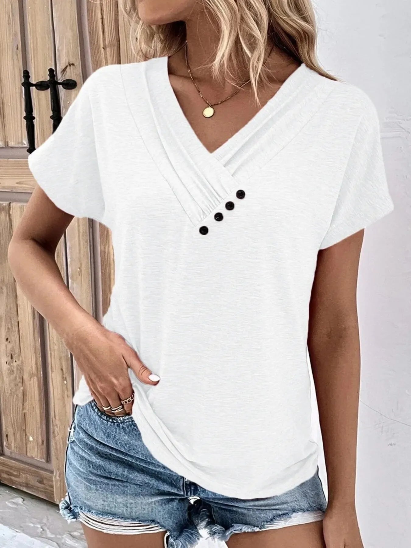 Decor Button Short Sleeve T-Shirt White - Fashorio