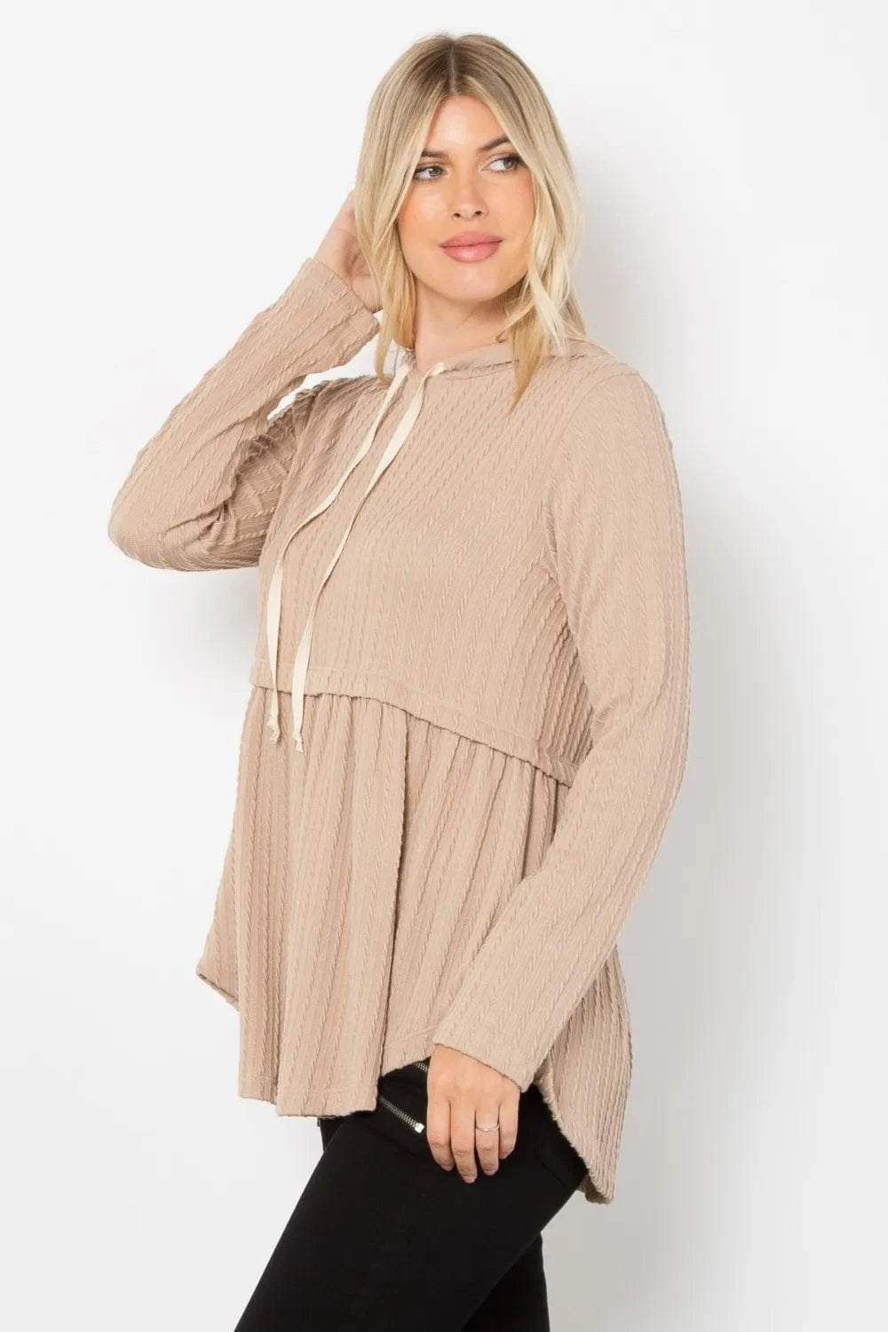 BE Stage Sweater Dresses Be Stage Full Size Long Sleeve Peplum Cable Knit Hoodie
