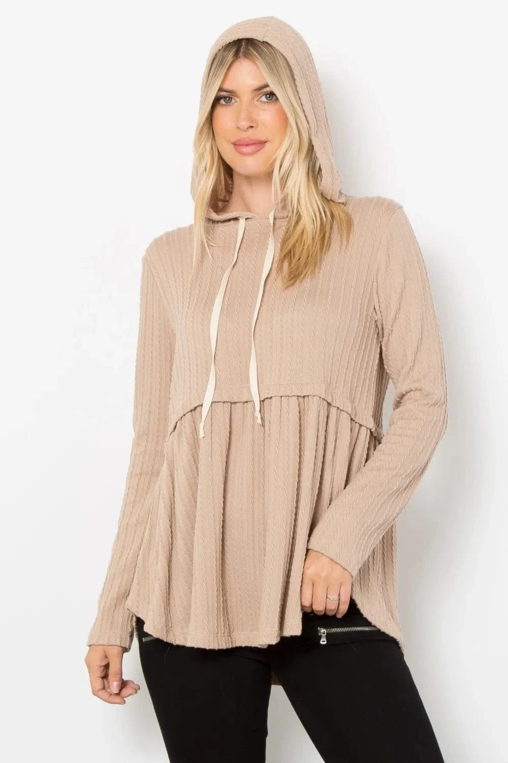 BE Stage Sweater Dresses Taupe / S Be Stage Full Size Long Sleeve Peplum Cable Knit Hoodie