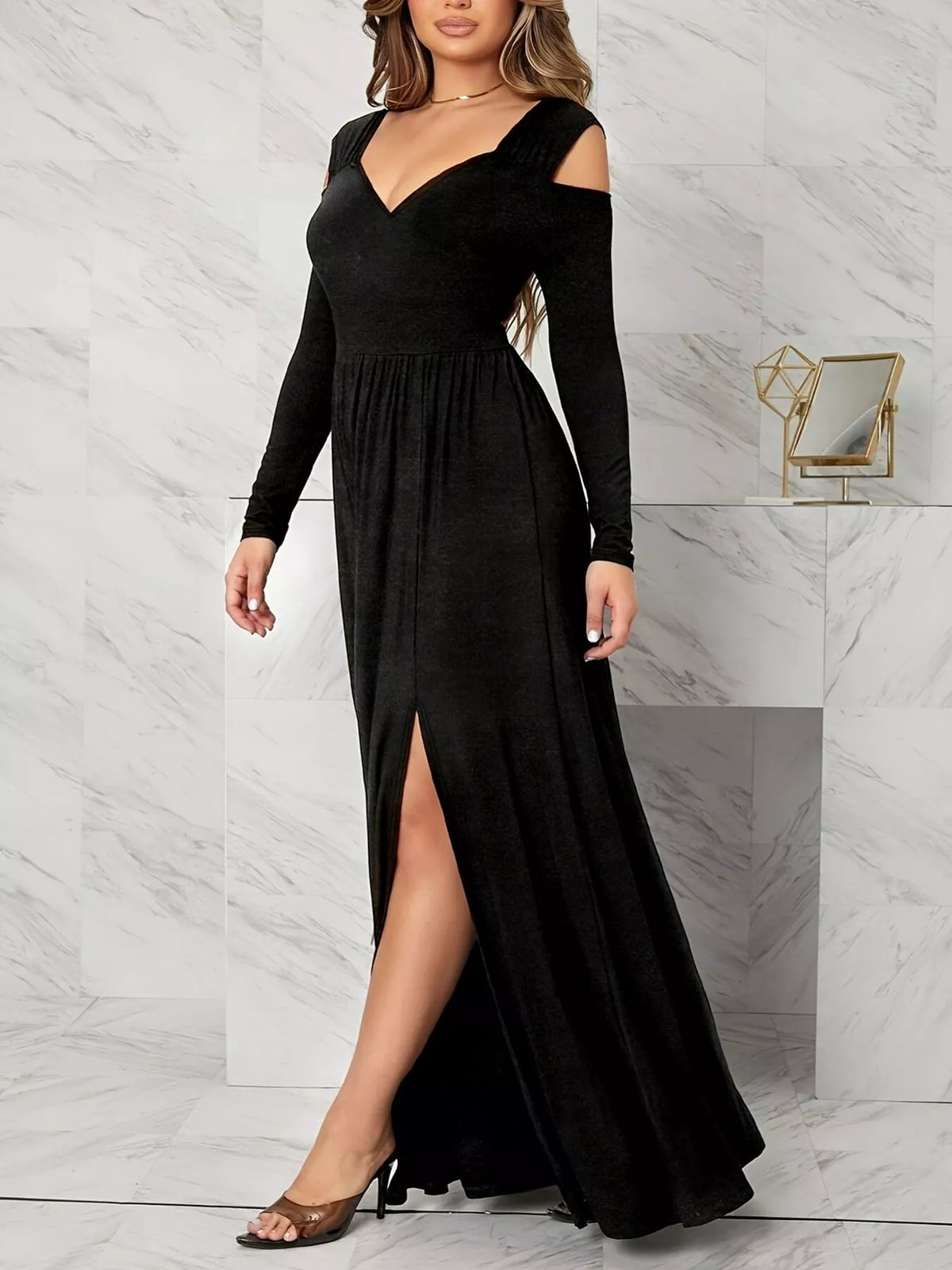 black cold shoulder slit maxi dress side view